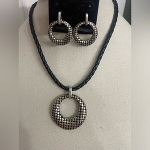 Black & Silver Pendant with Black Leather Braided Necklace & Matching Earrings.